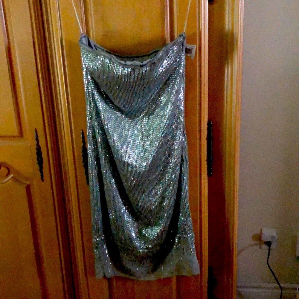 NWOT- Trina Turk silver beaded strapless dress